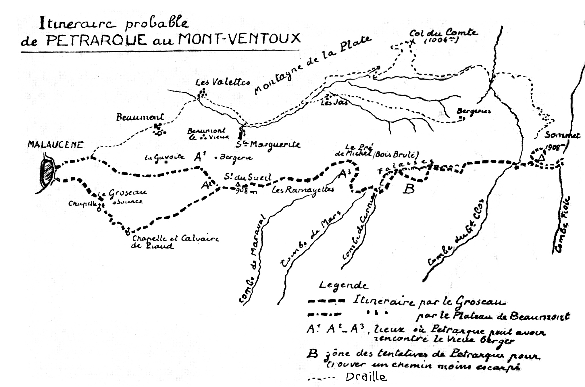 Itinéraire supposé de l’ascension du Mont Ventoux par Pétrarque avec ses deux variantes.